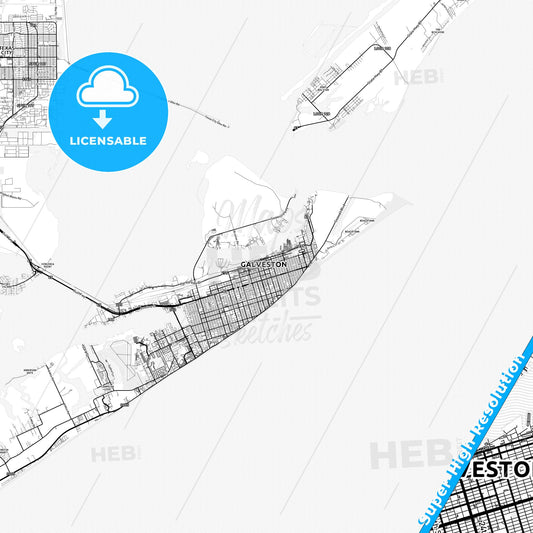 Galveston, Texas light map with streetnames, citynames and districts
