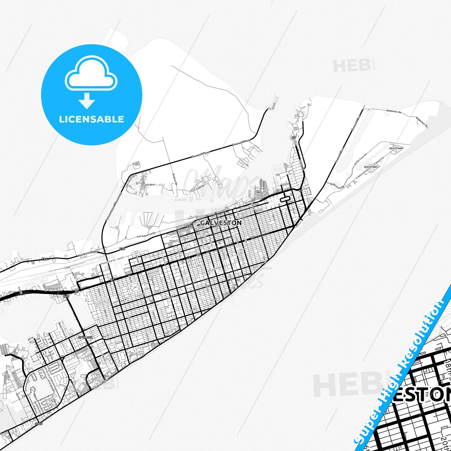 Galveston, Texas Light Map with Street Names, City Names, and Districts