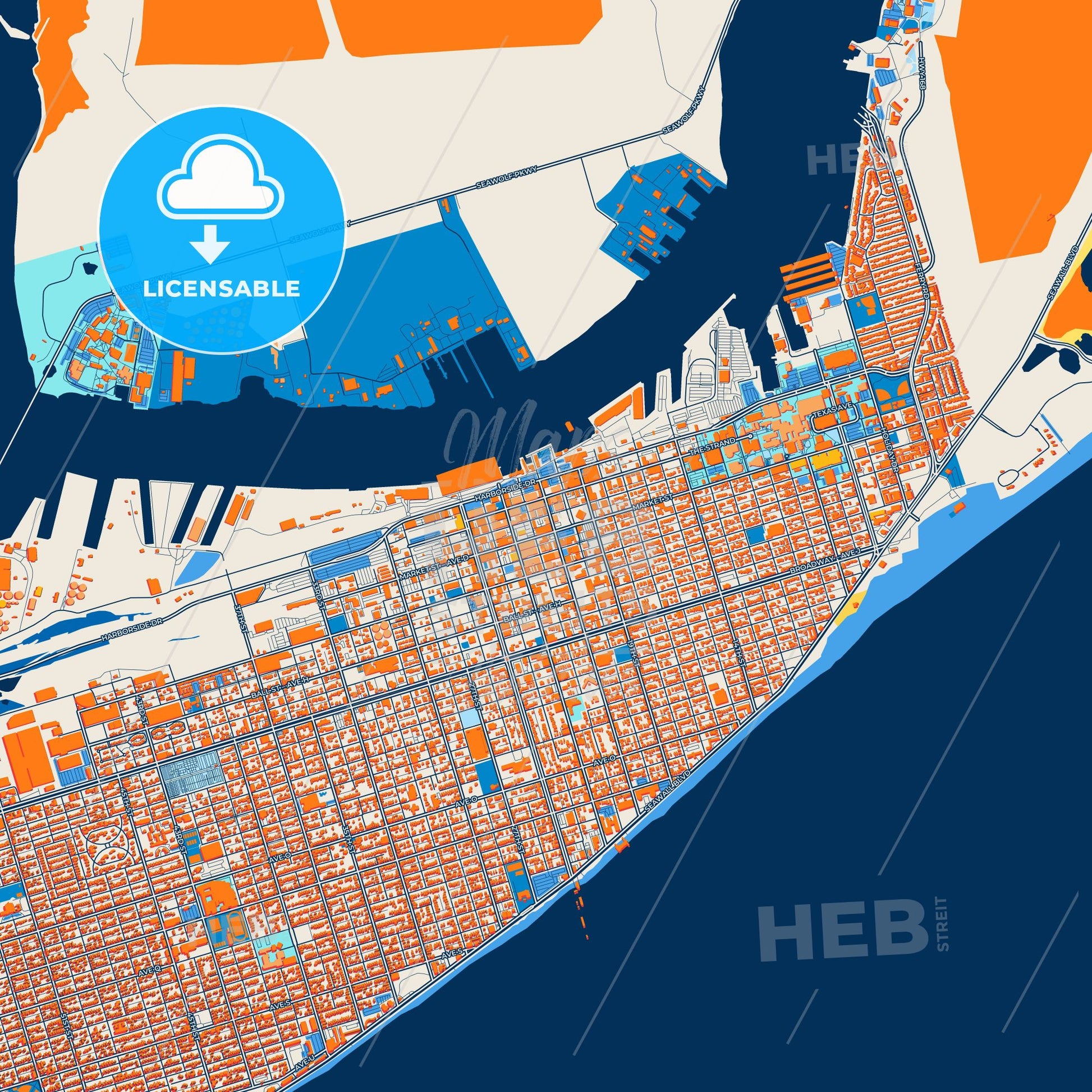 Colorful Galveston Street Map with Labels and Buildings