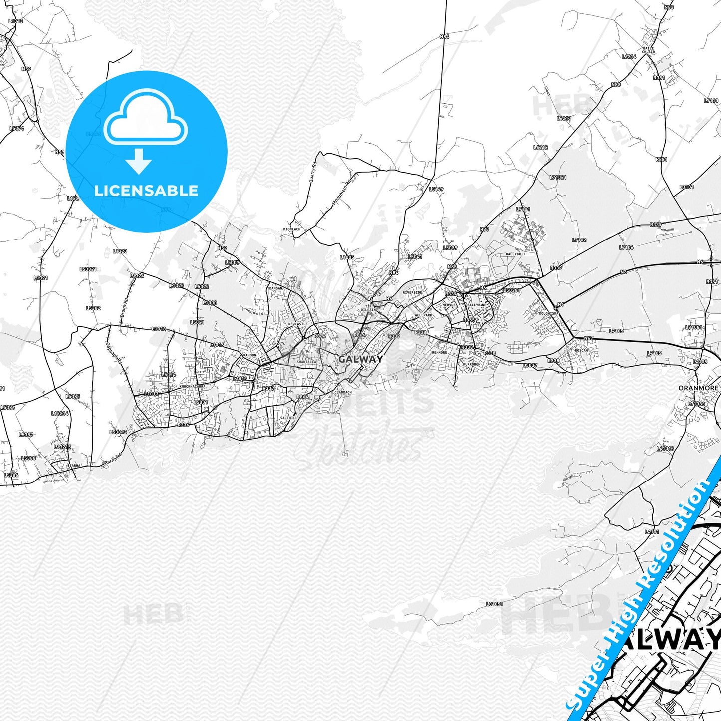 Galway, Ireland light map with streetnames, citynames and districts