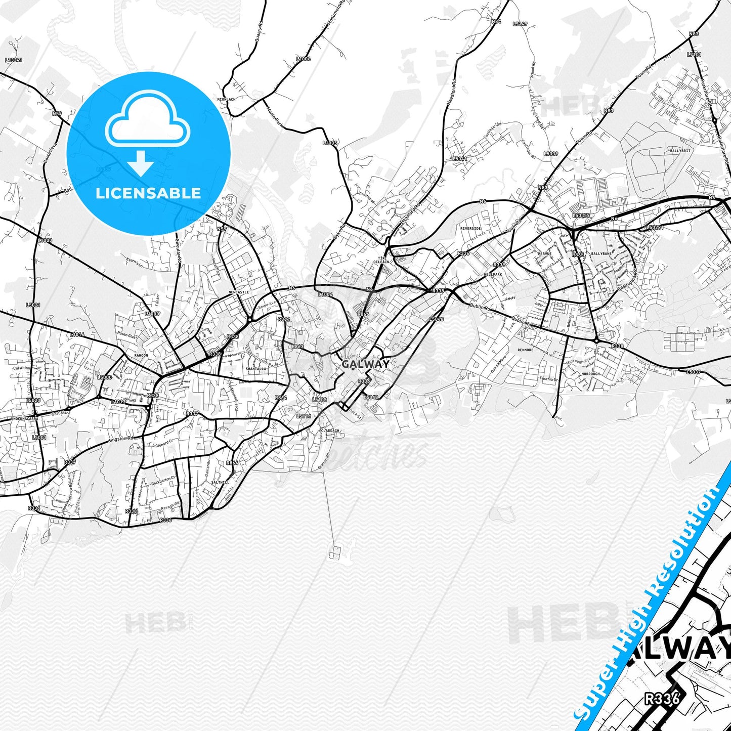 Galway, Ireland Light Map with Street Names, City Names, and Districts