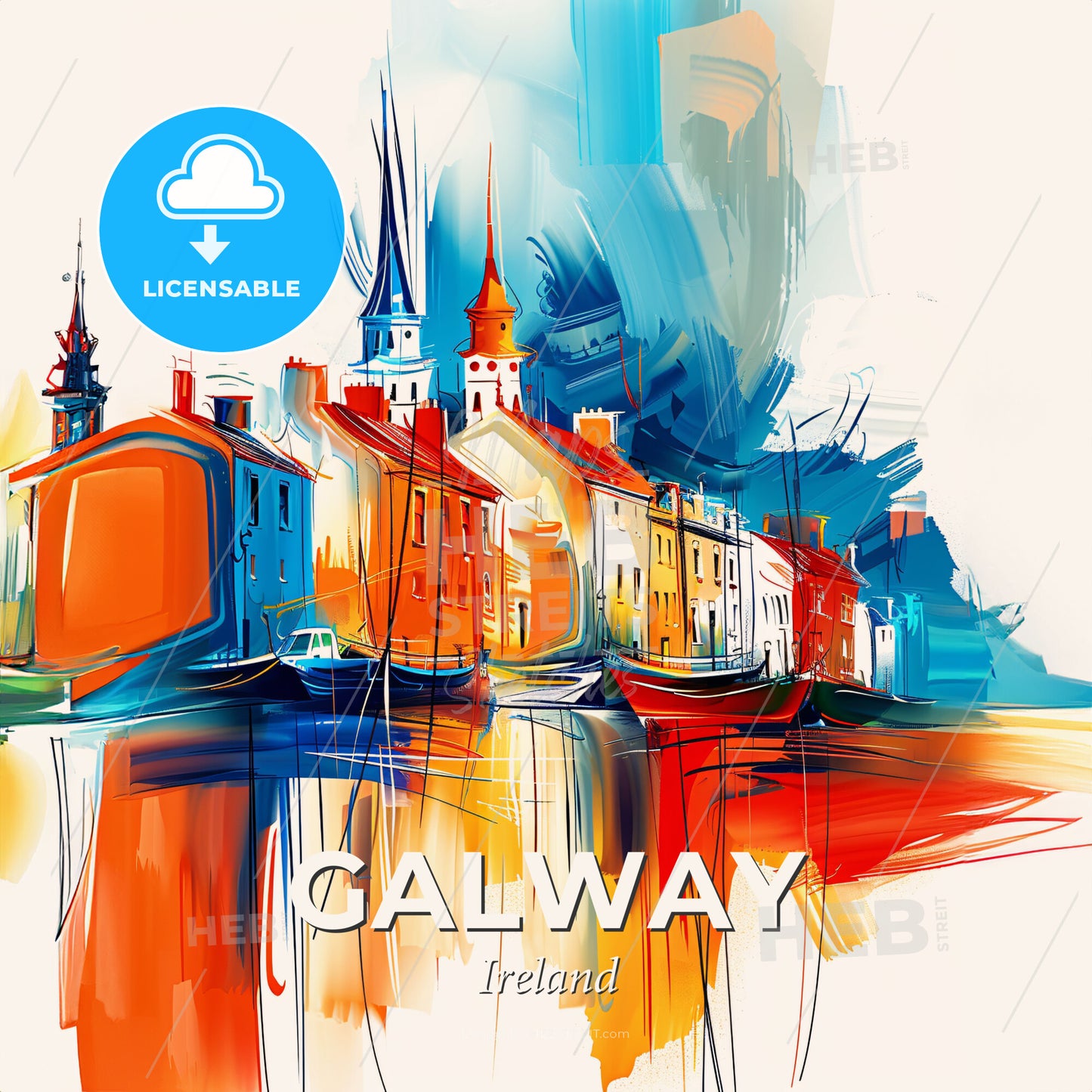 Vibrant Galway, Ireland - A Colorful Painting Of Buildings And Boats - Square format print template