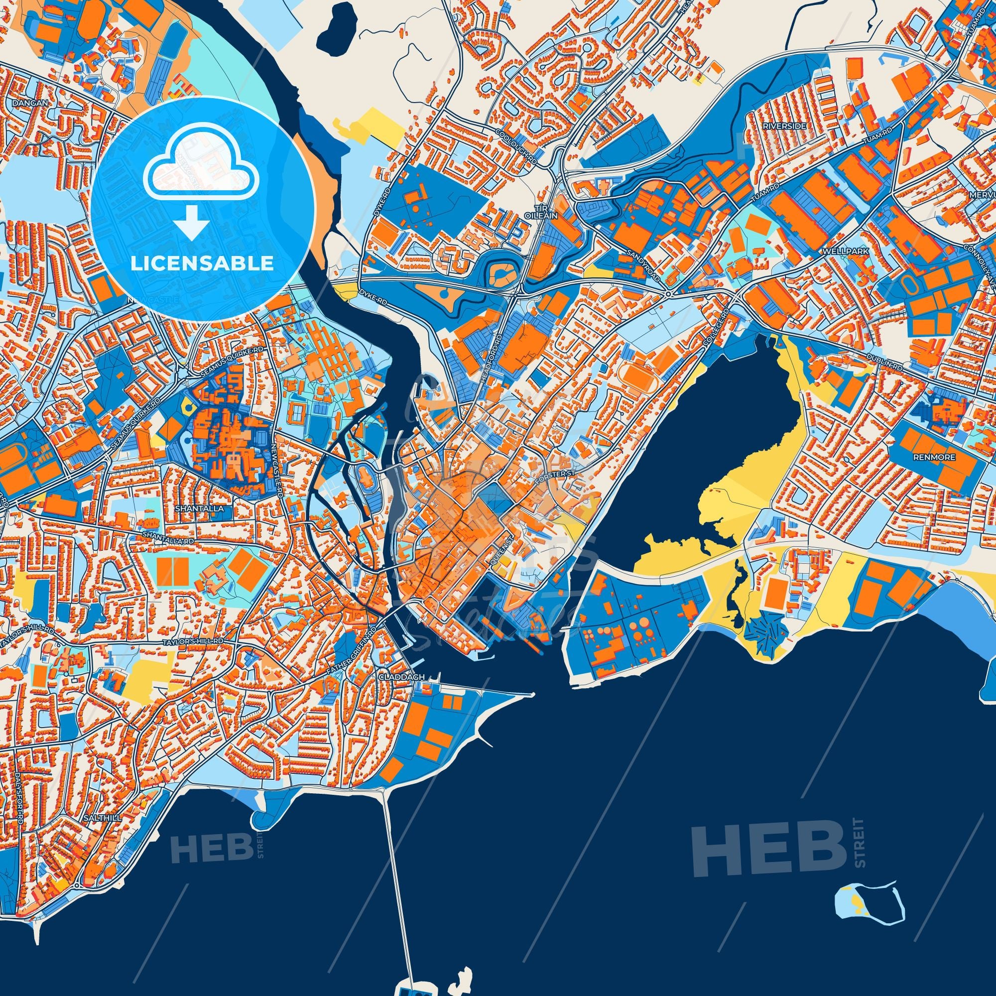 Colorful Galway Street Map With Labels And Buildings – HEBSTREITS