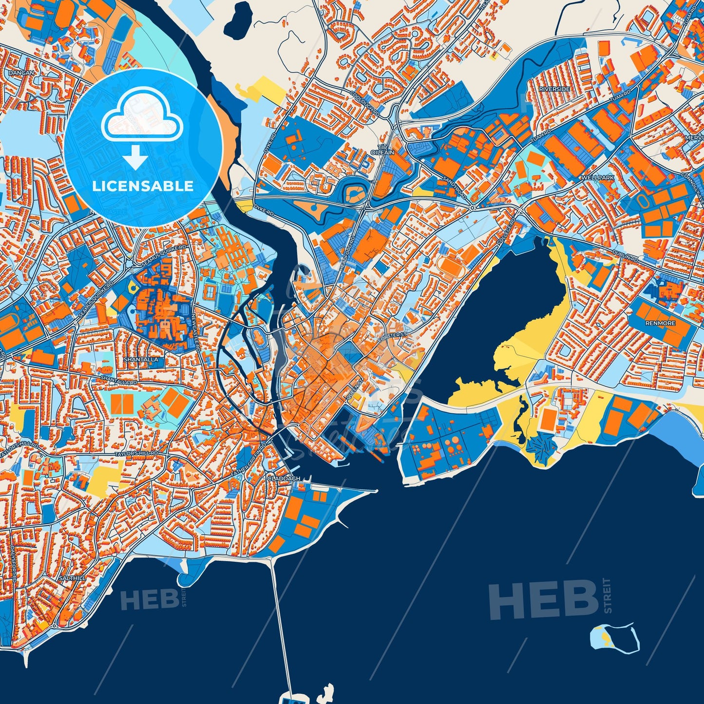 Colorful Galway Street Map with Labels and Buildings