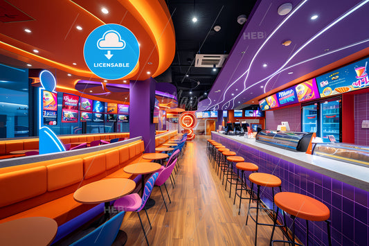 Modern art-inspired gaming cafe with youthful feminine colors tables and chairs