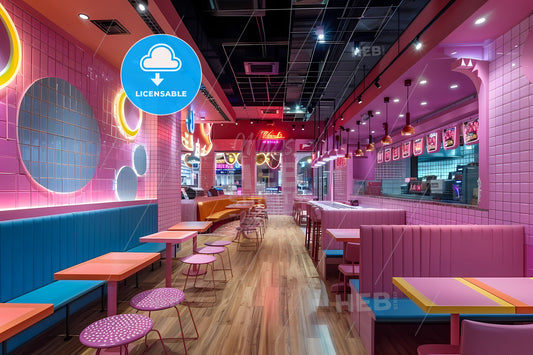 Pink and Blue Gaming Restaurant Artwork: Vibrant Painting with Youthful, Feminine Vibe