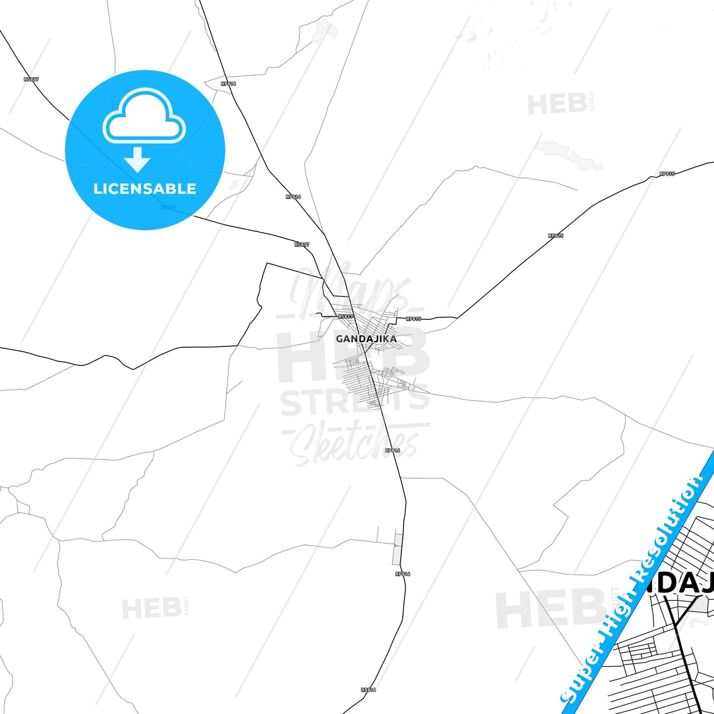 Gandajika, DR Congo light map with streetnames, citynames and districts