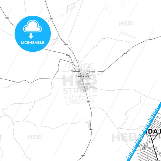 Gandajika, DR Congo light map with streetnames, citynames and districts