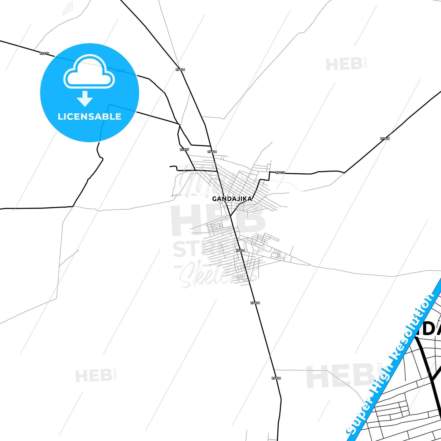 Gandajika, DR Congo Light Map with Street Names, City Names, and Districts