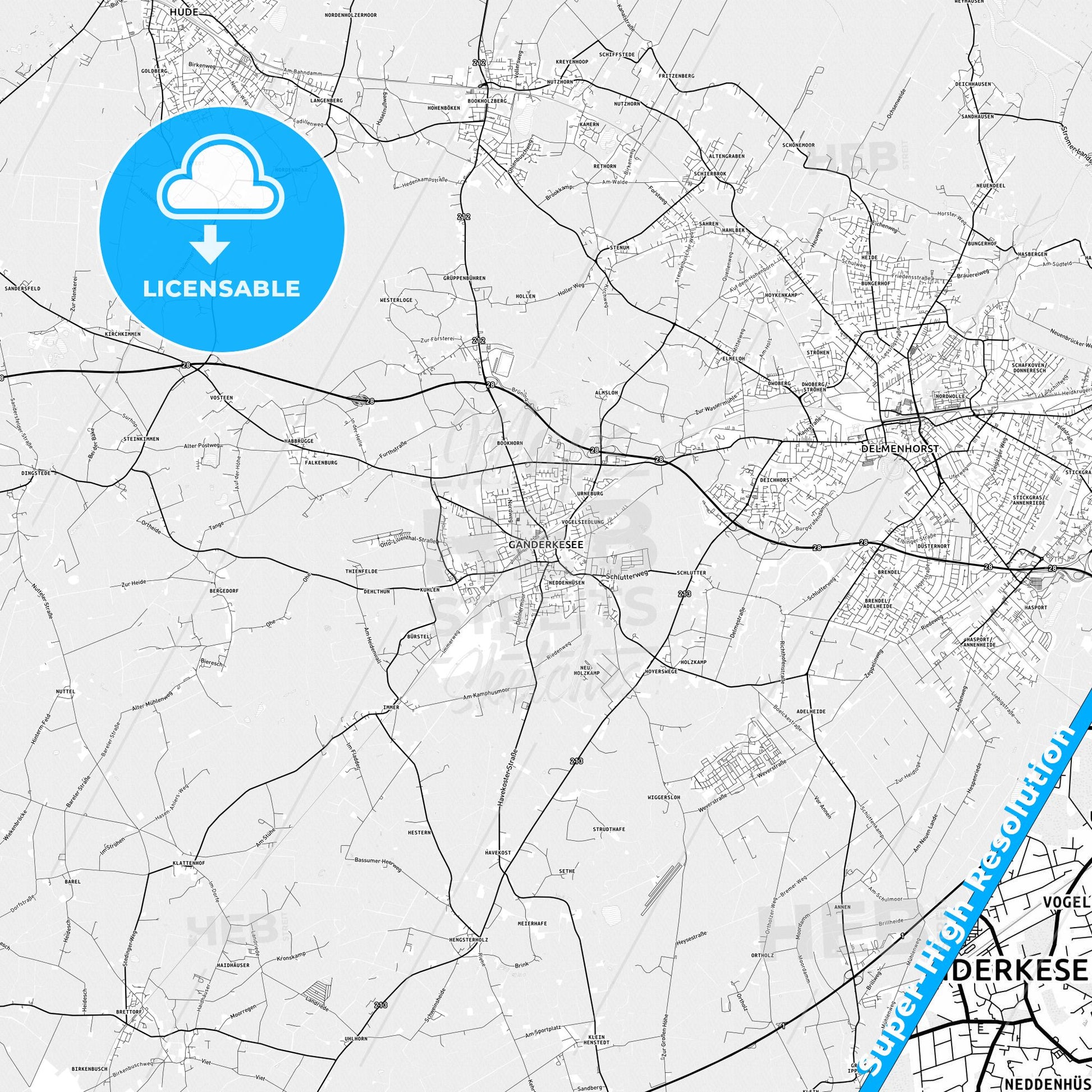Ganderkesee, Germany light map with streetnames, citynames and districts