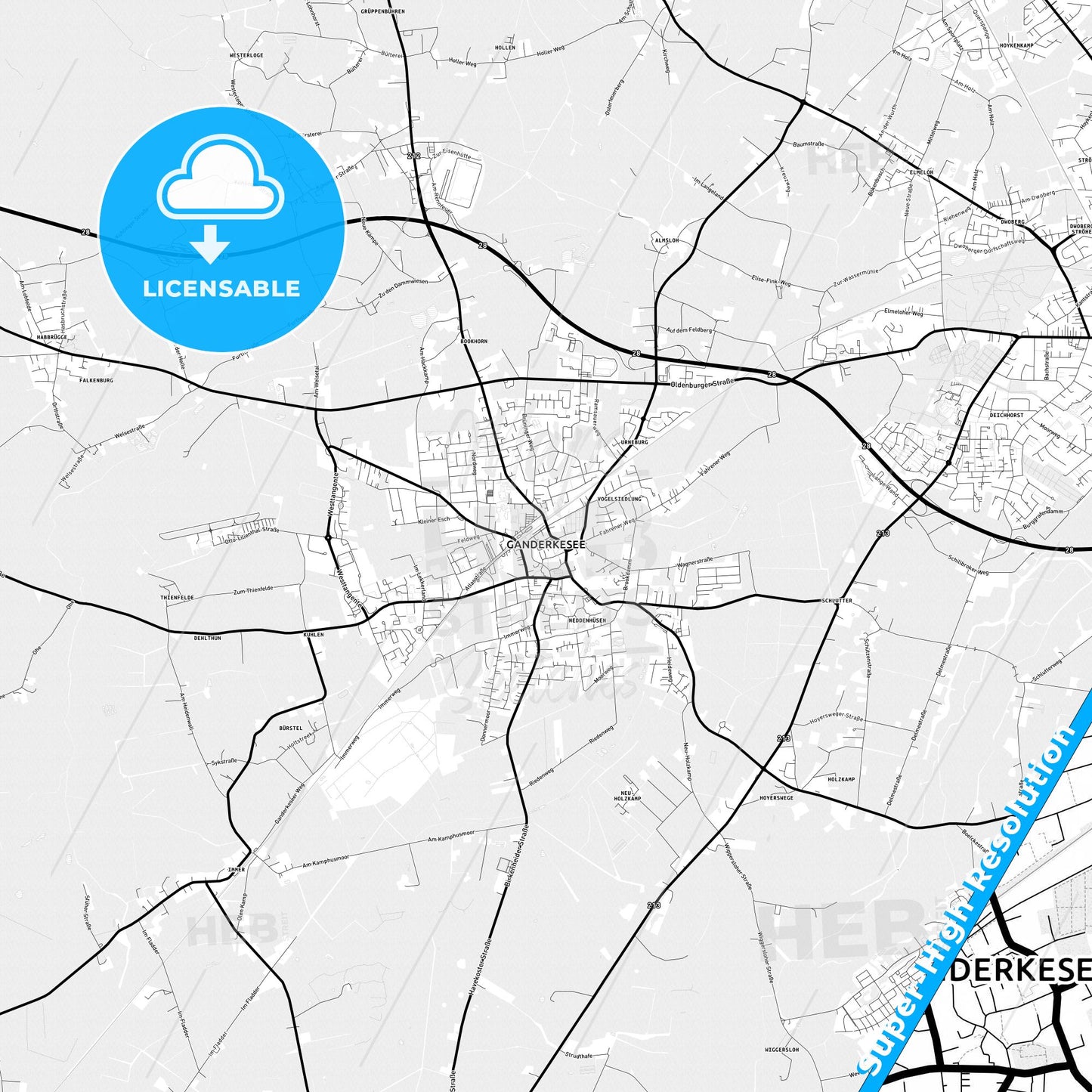 Ganderkesee, Germany Light Map with Street Names, City Names, and Districts