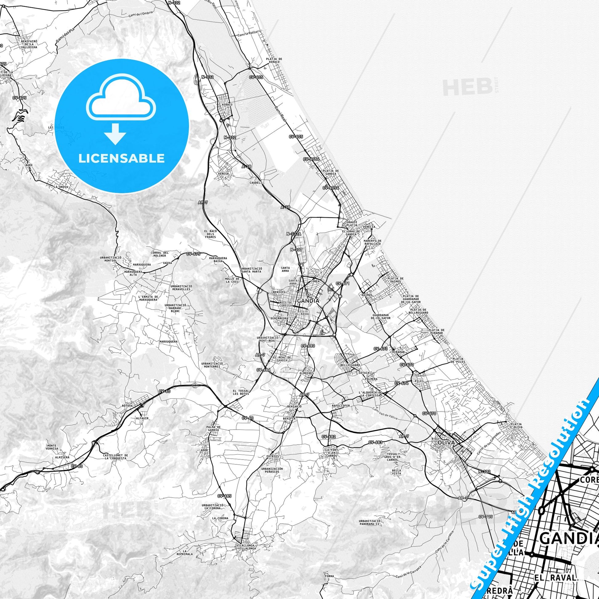 Gandia, Spain light map with streetnames, citynames and districts