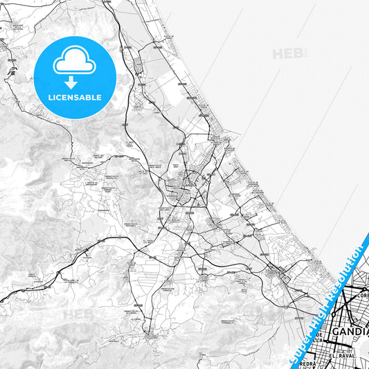 Gandia, Spain light map with streetnames, citynames and districts
