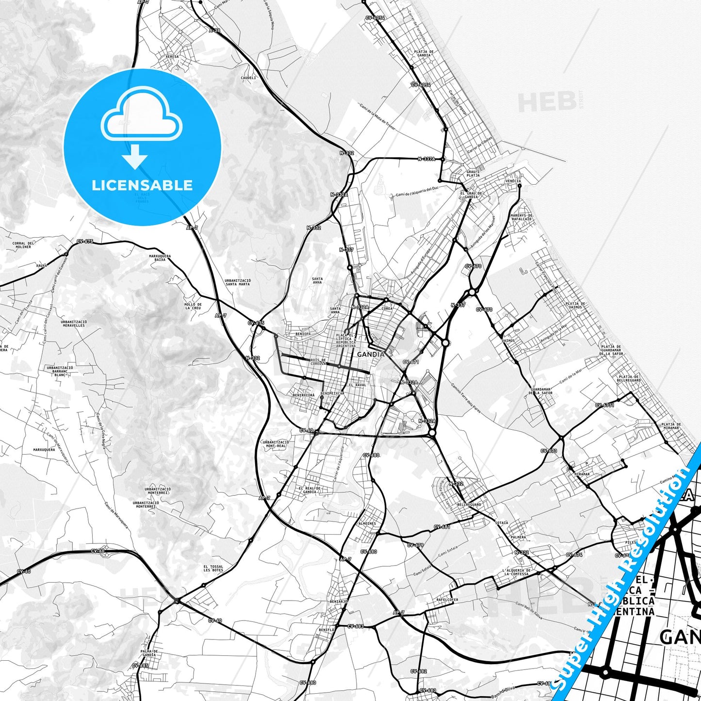 Gandia, Spain Light Map with Street Names, City Names, and Districts