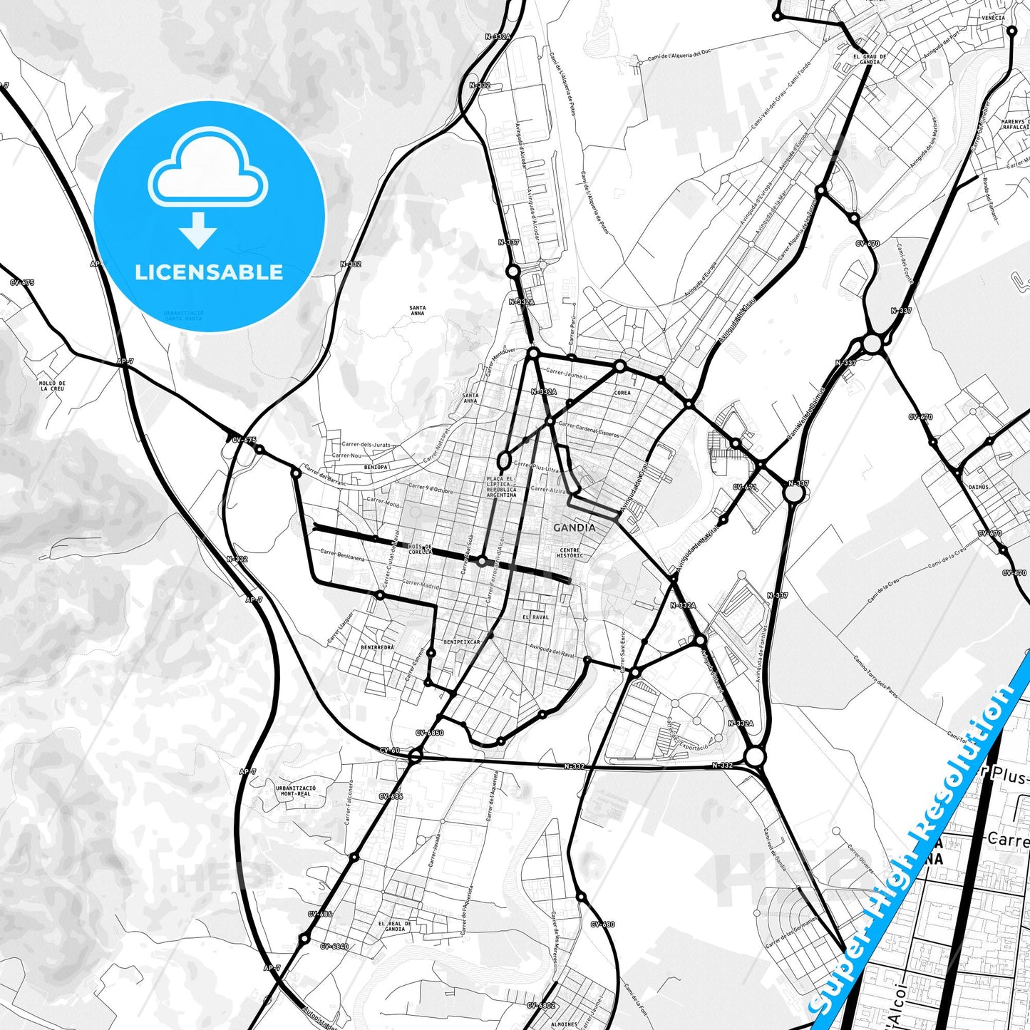 Gandia, Spain Light Map with Street Names, City Names, and Districts