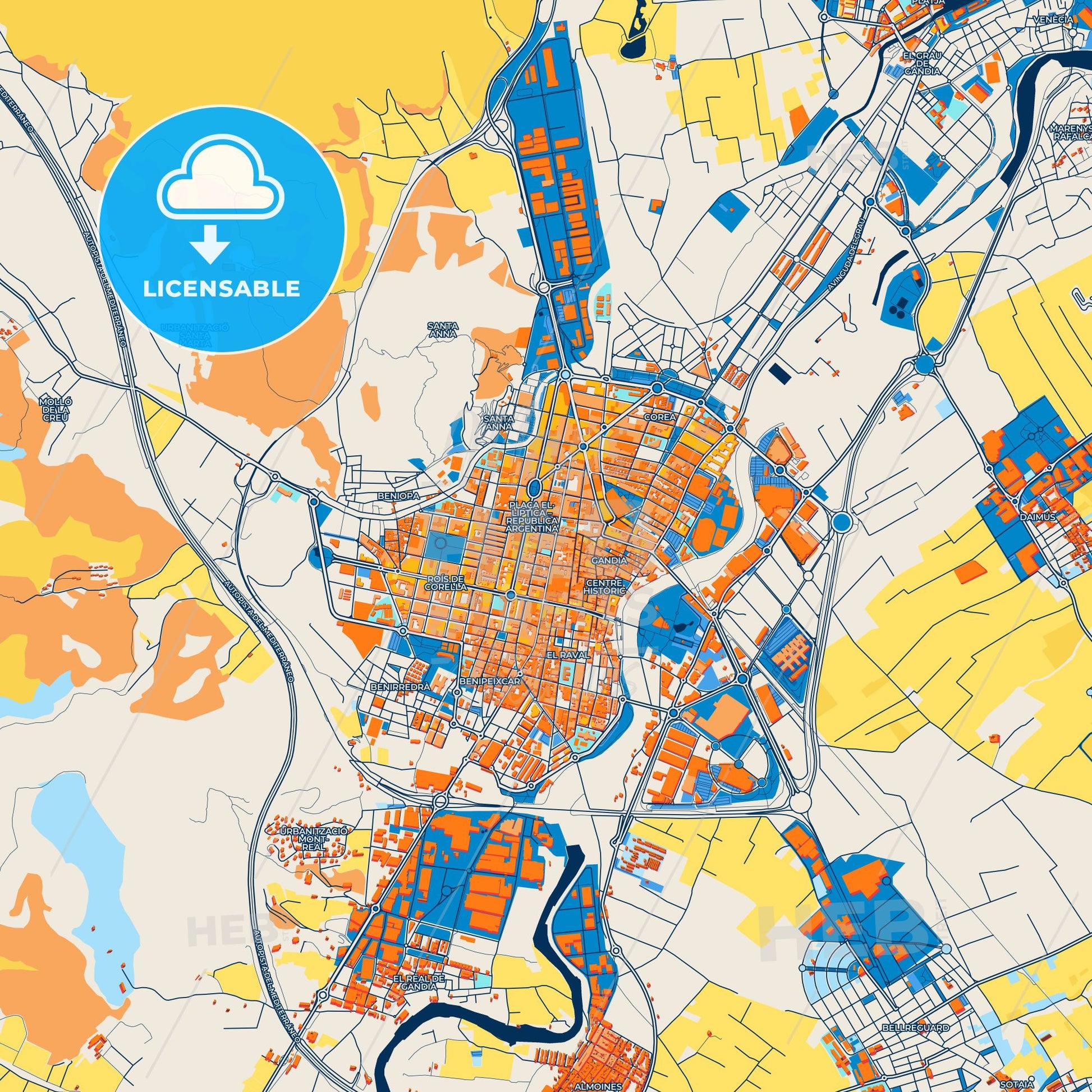 Colorful Gandia Street Map with Labels and Buildings