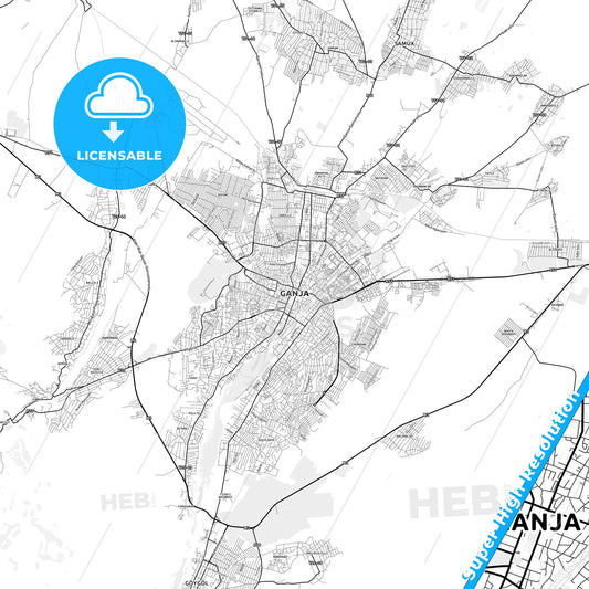 Ganja, Azerbaijan light map with streetnames, citynames and districts