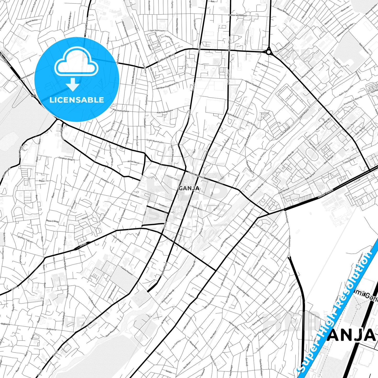 Ganja, Azerbaijan Light Map with Street Names, City Names, and Districts