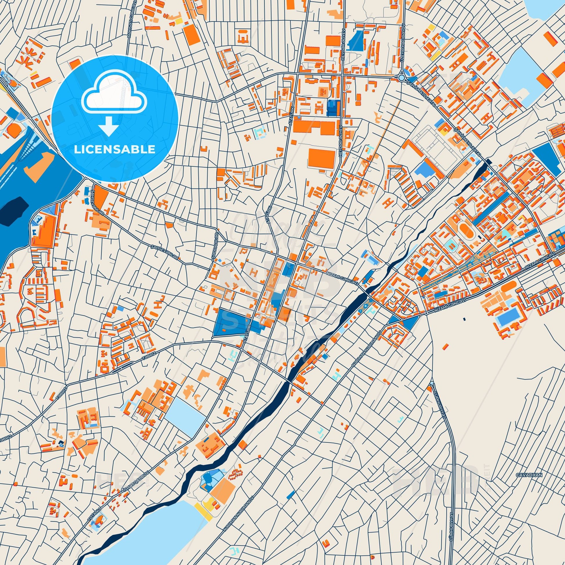 Colorful Ganja Street Map with Labels and Buildings