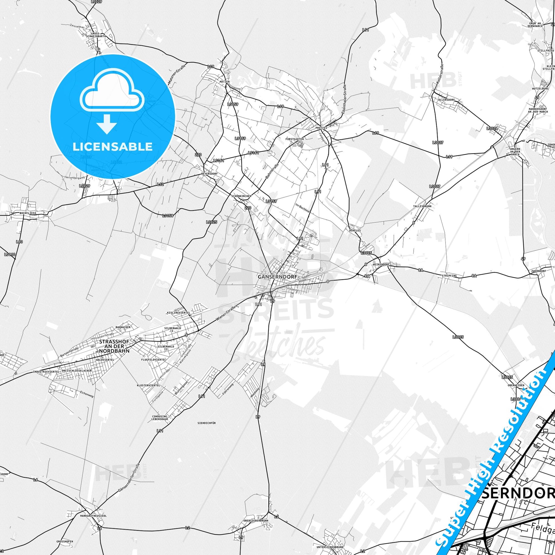 Gänserndorf, Austria light map with streetnames, citynames and districts