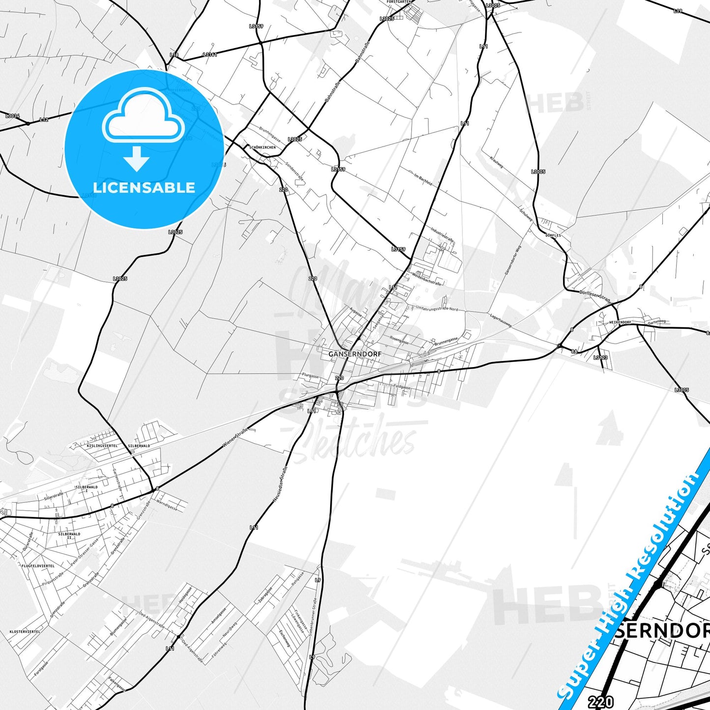 Gänserndorf, Austria Light Map with Street Names, City Names, and Districts