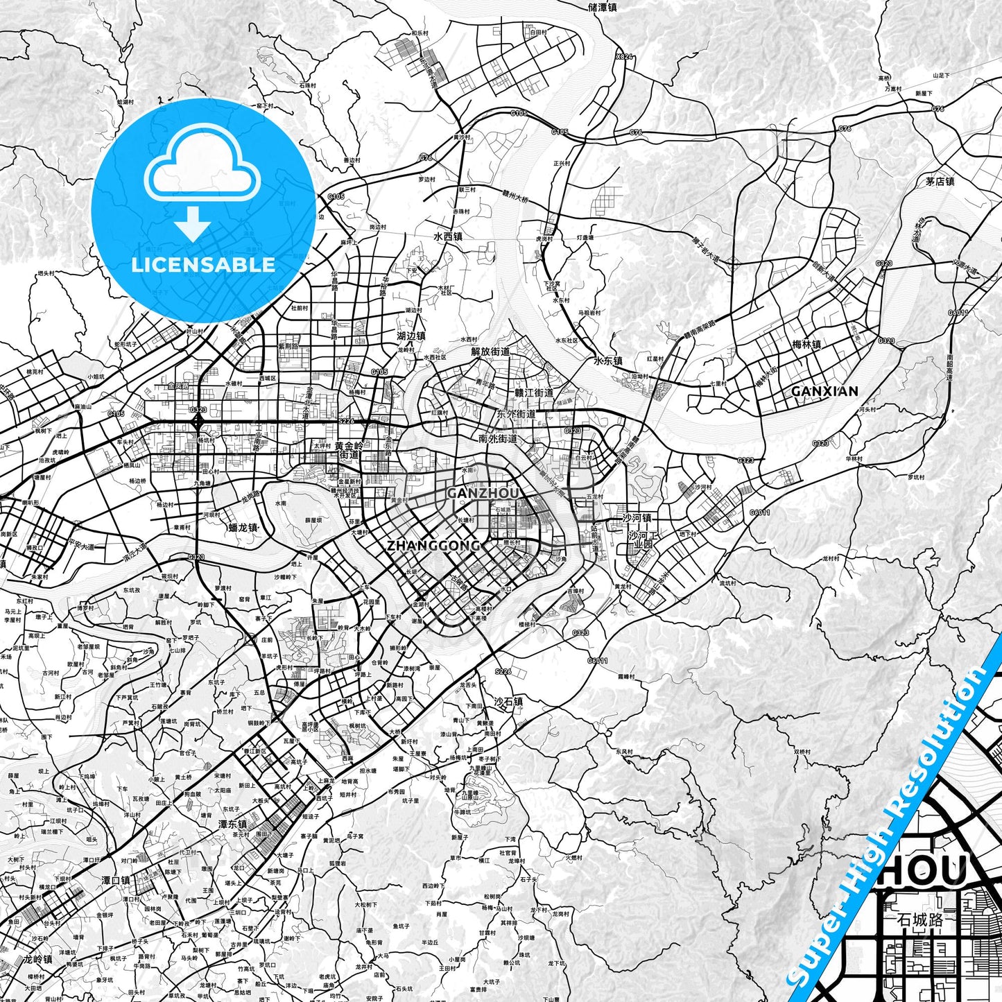 Ganzhou, China light map with streetnames, citynames and districts