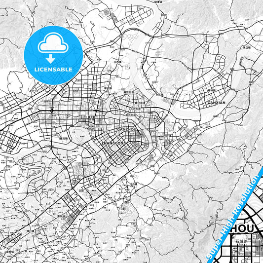 Ganzhou, China light map with streetnames, citynames and districts