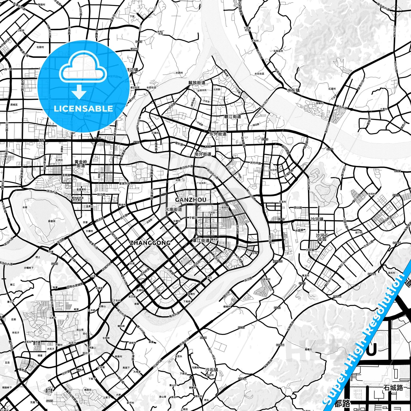 Ganzhou, China Light Map with Street Names, City Names, and Districts