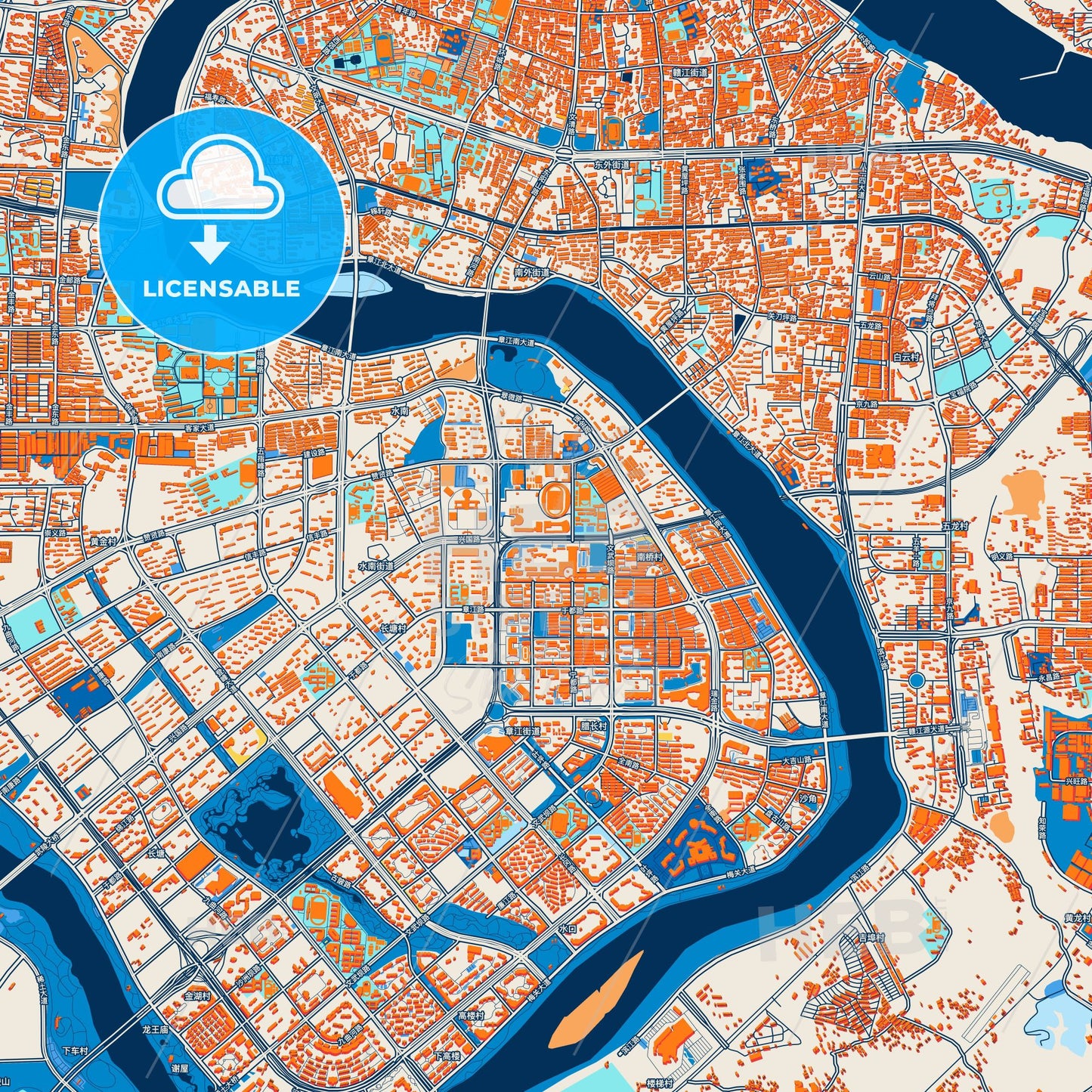 Colorful Ganzhou Street Map with Labels and Buildings