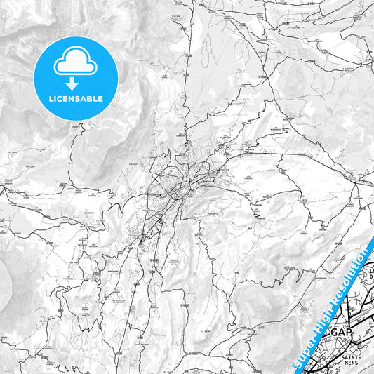 Gap, France light map with streetnames, citynames and districts