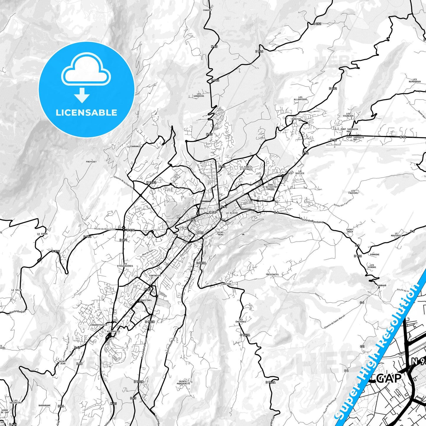 Gap, France Light Map with Street Names, City Names, and Districts