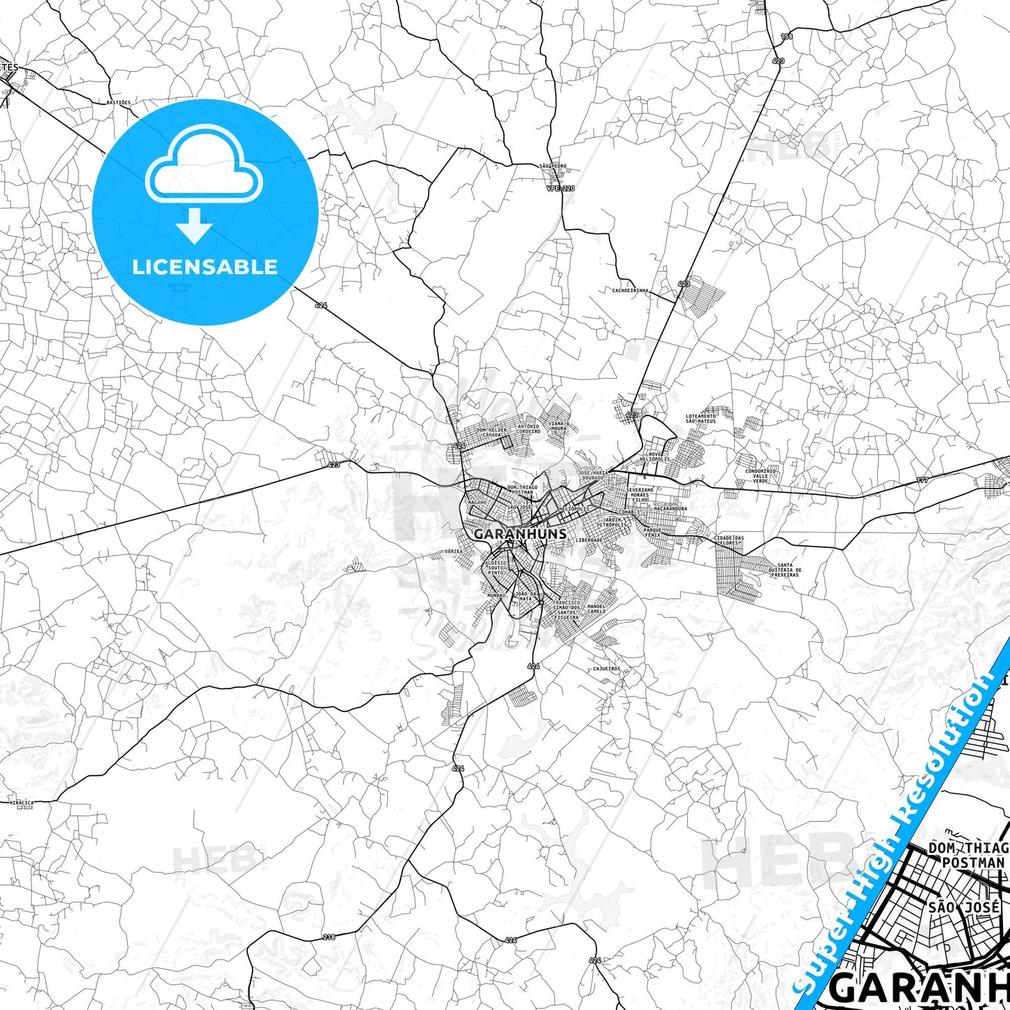 Garanhuns, Brazil light map with streetnames, citynames and districts