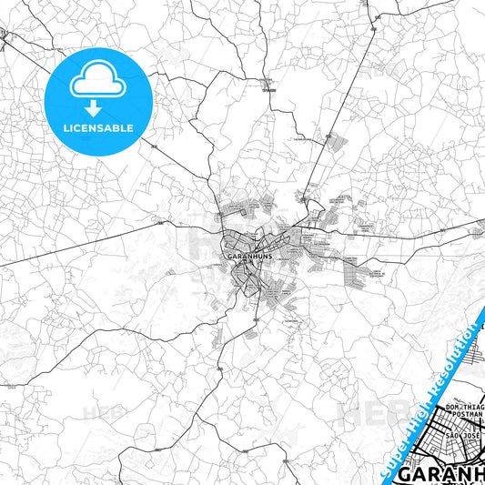 Garanhuns, Brazil light map with streetnames, citynames and districts