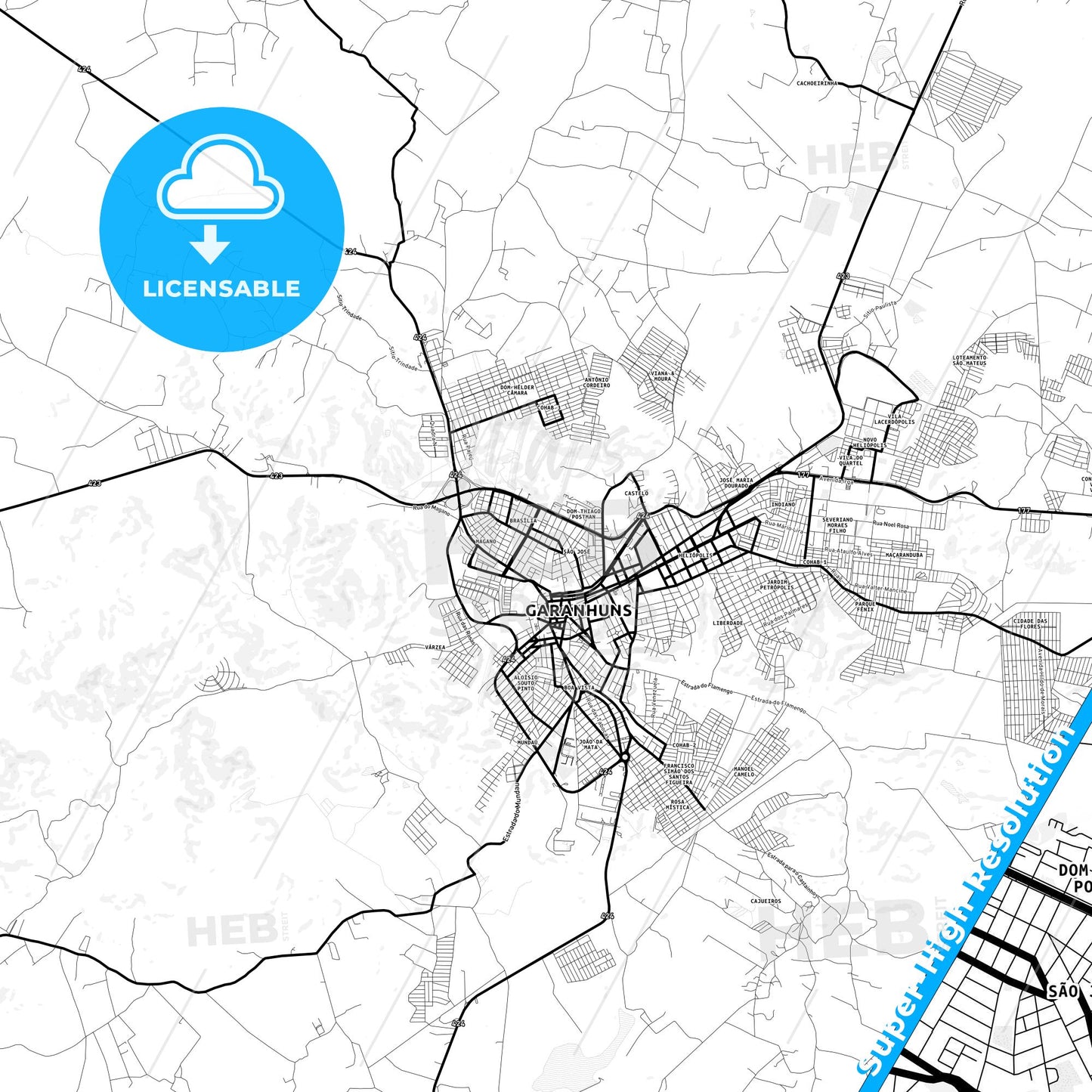 Garanhuns, Brazil Light Map with Street Names, City Names, and Districts