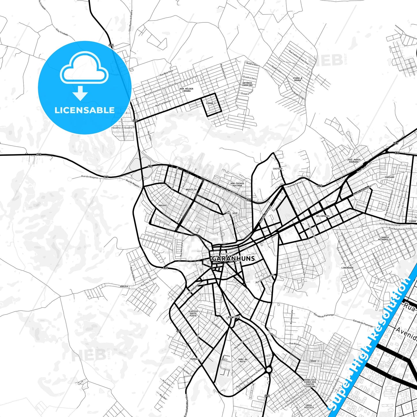 Garanhuns, Brazil Light Map with Street Names, City Names, and Districts