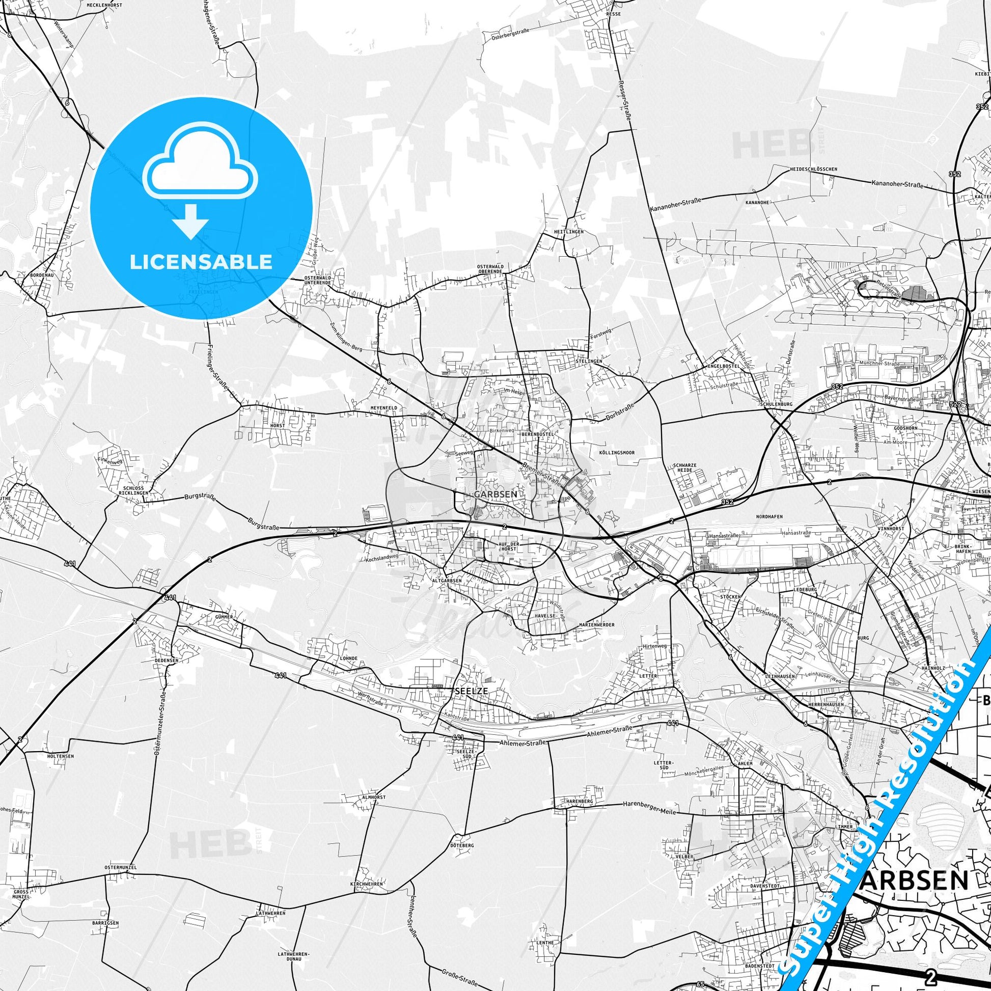 Garbsen, Germany light map with streetnames, citynames and districts