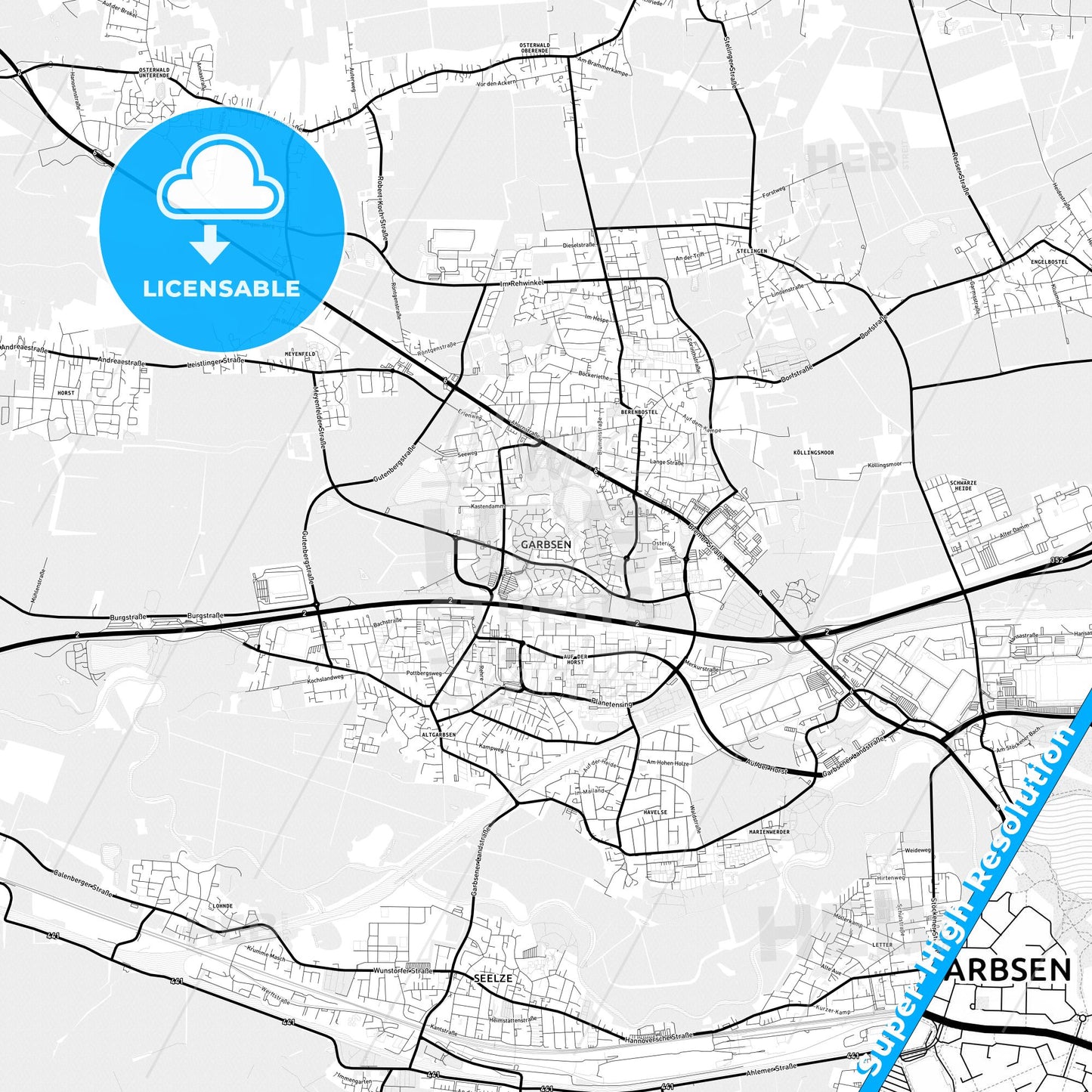 Garbsen, Germany Light Map with Street Names, City Names, and Districts