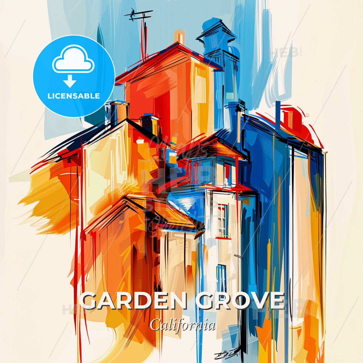 Vibrant Garden Grove, California - A Painting Of Buildings And Towers - Square format print template