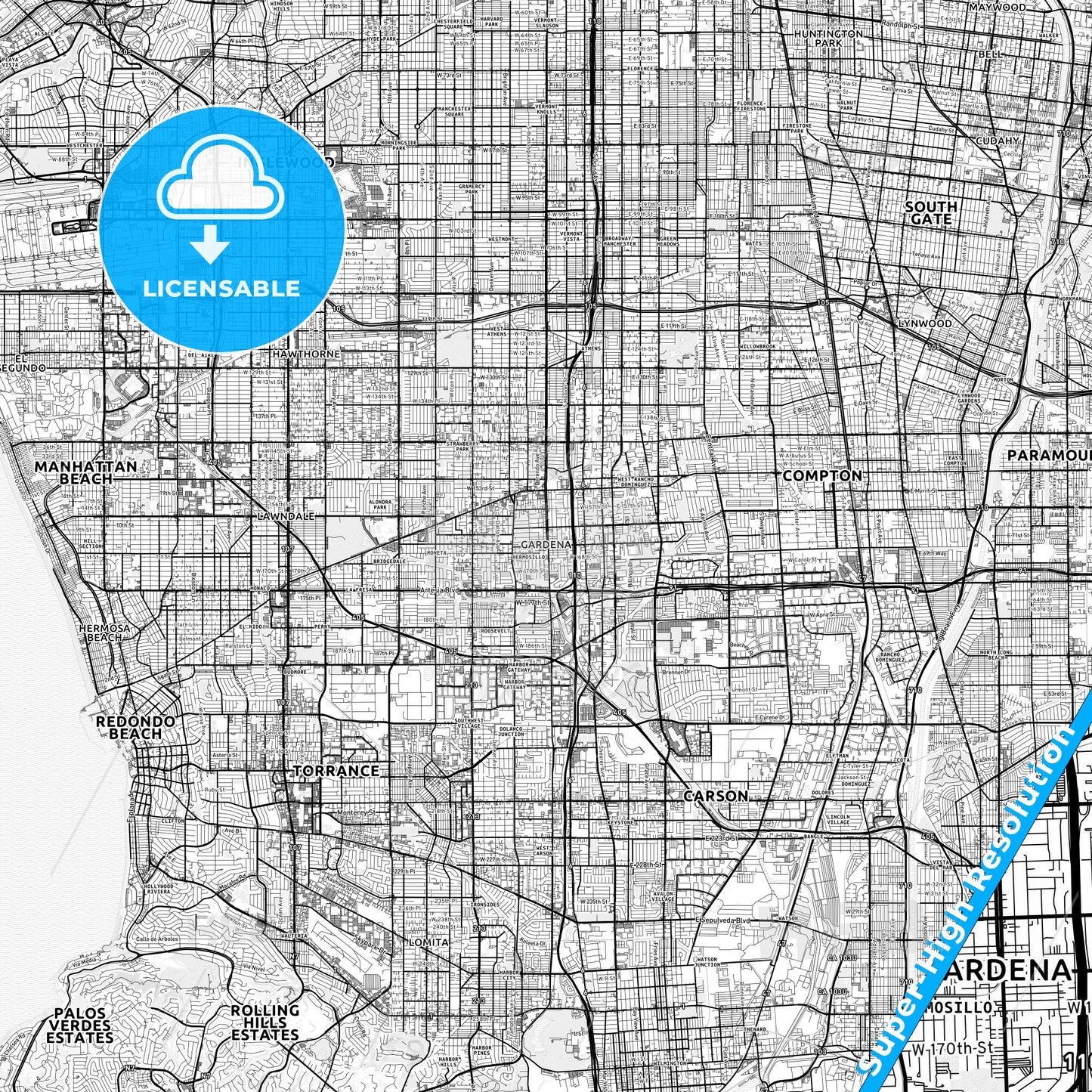 Gardena, California light map with streetnames, citynames and districts
