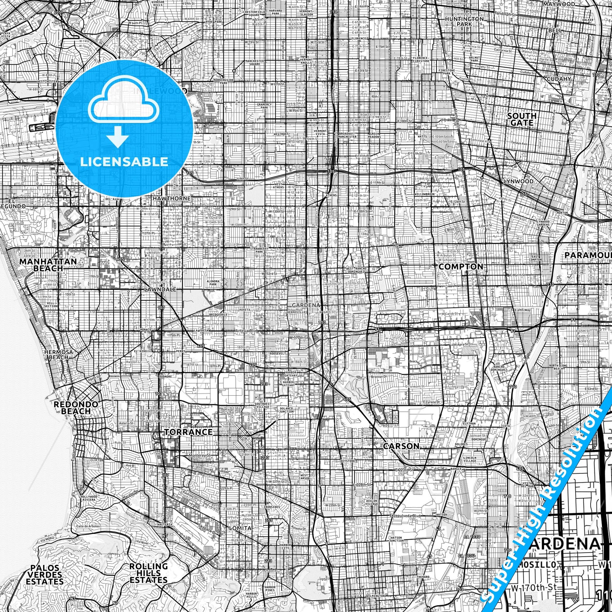 Gardena, California light map with streetnames, citynames and districts