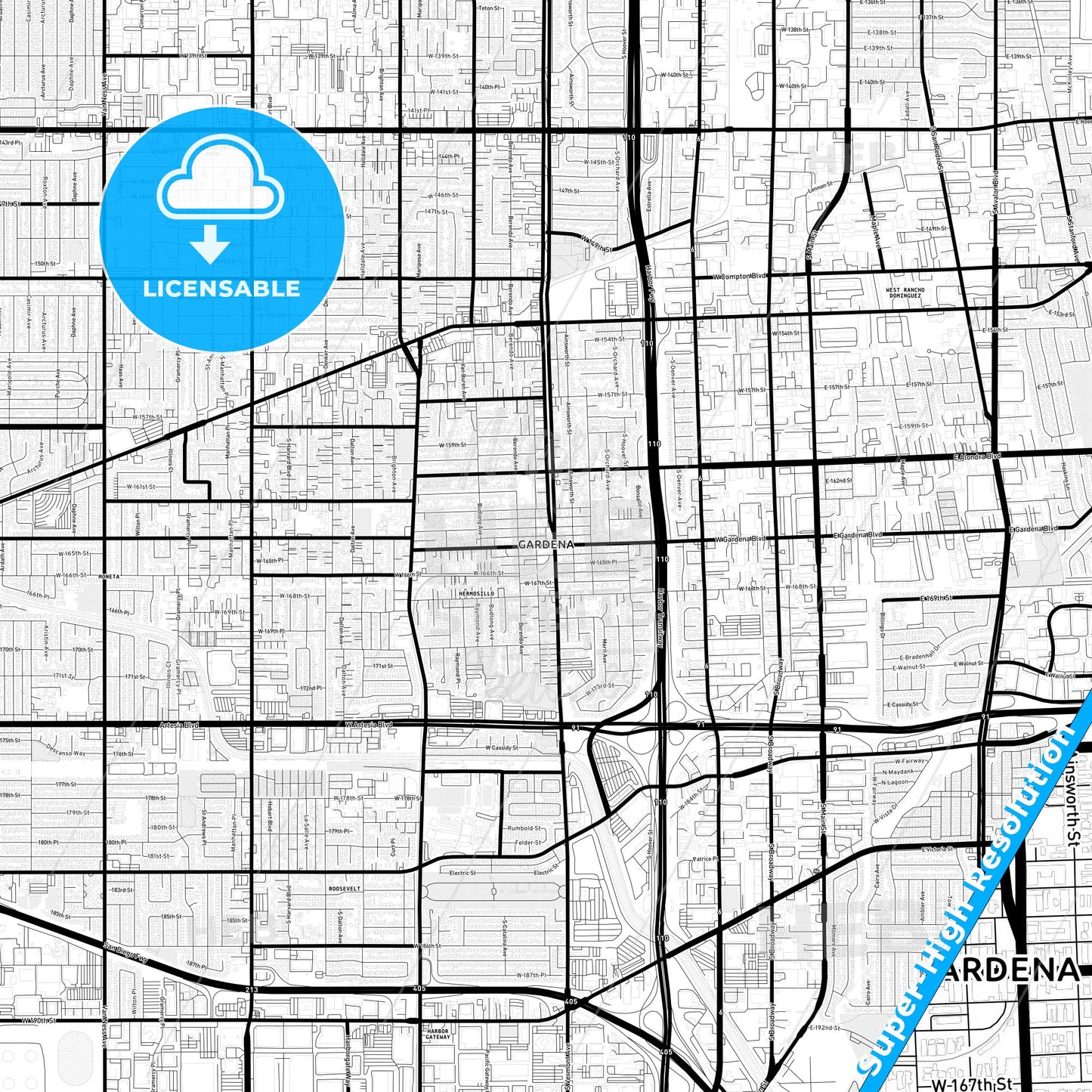 Gardena, California Light Map with Street Names, City Names, and Districts