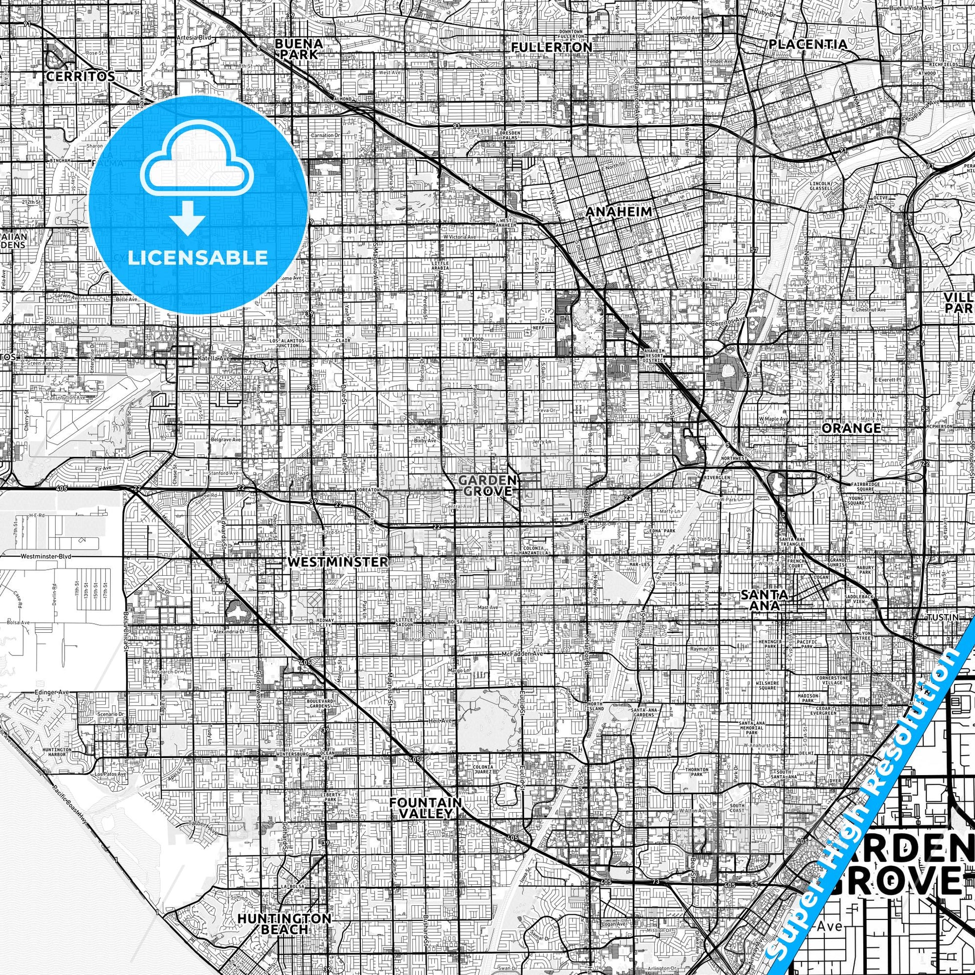 Garden Grove, California light map with streetnames, citynames and districts