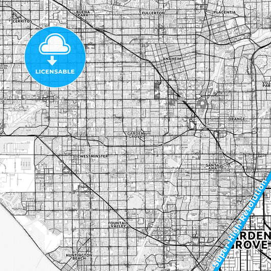 Garden Grove, California light map with streetnames, citynames and districts