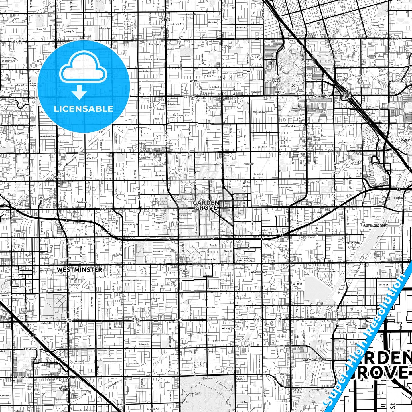 Garden Grove, California Light Map with Street Names, City Names, and Districts