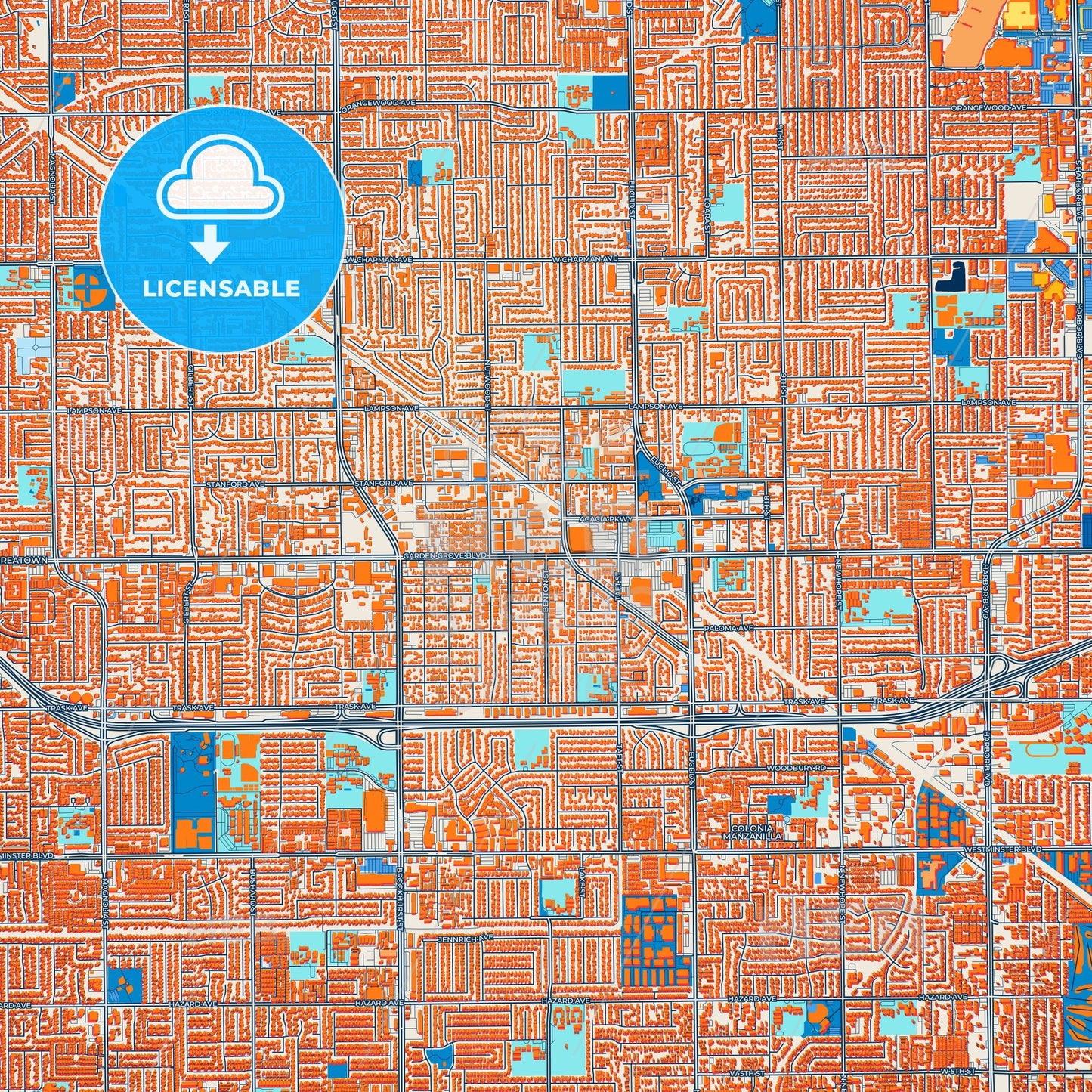 Colorful Garden Grove Street Map with Labels and Buildings