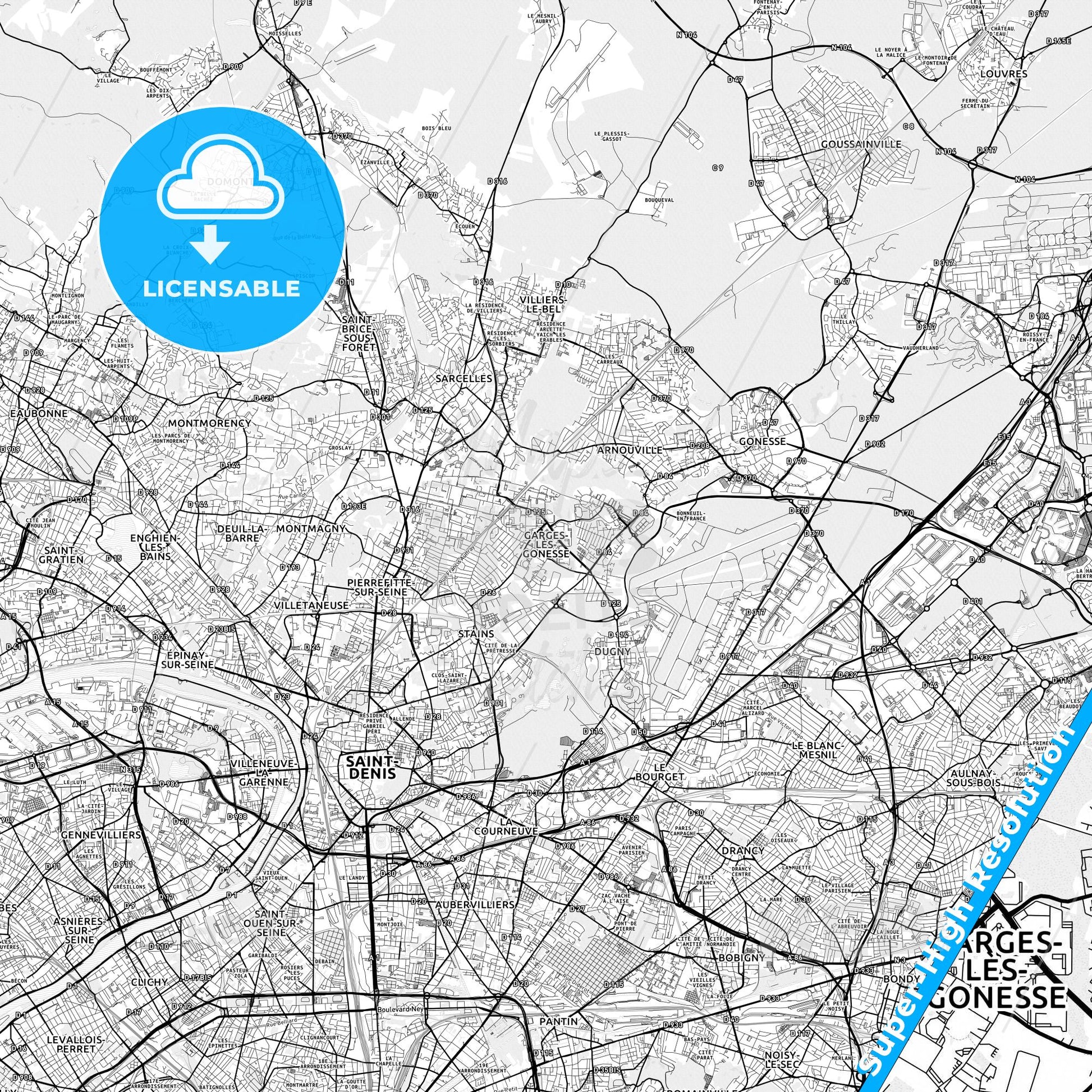 Garges-lès-Gonesse, France light map with streetnames, citynames and districts