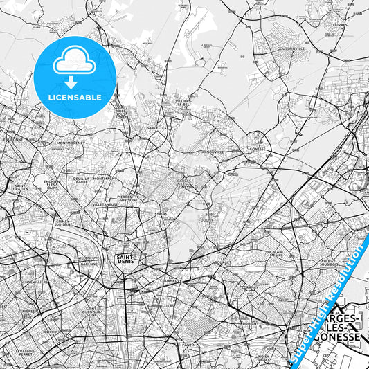 Garges-lès-Gonesse, France light map with streetnames, citynames and districts