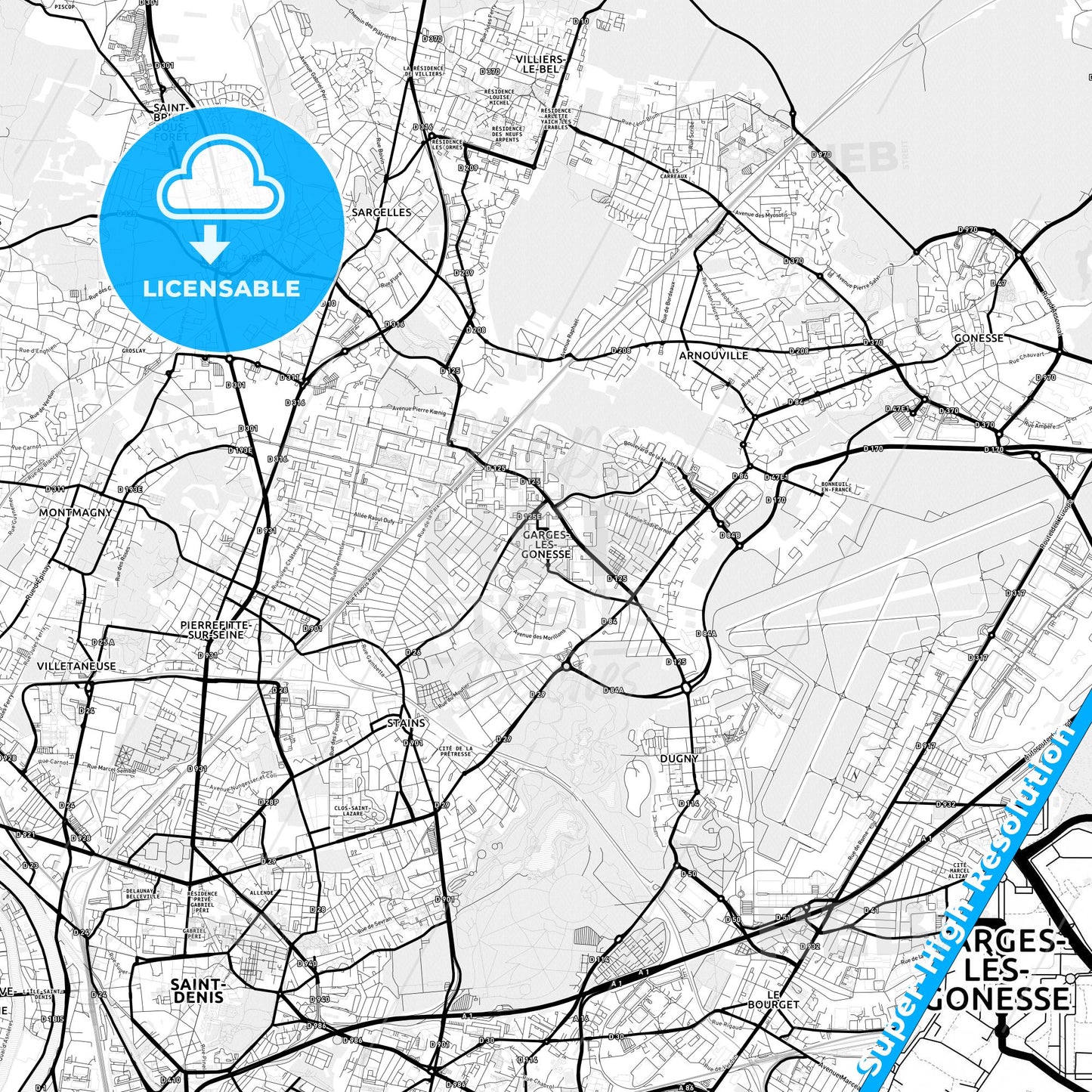 Garges-lès-Gonesse, France Light Map with Street Names, City Names, and Districts