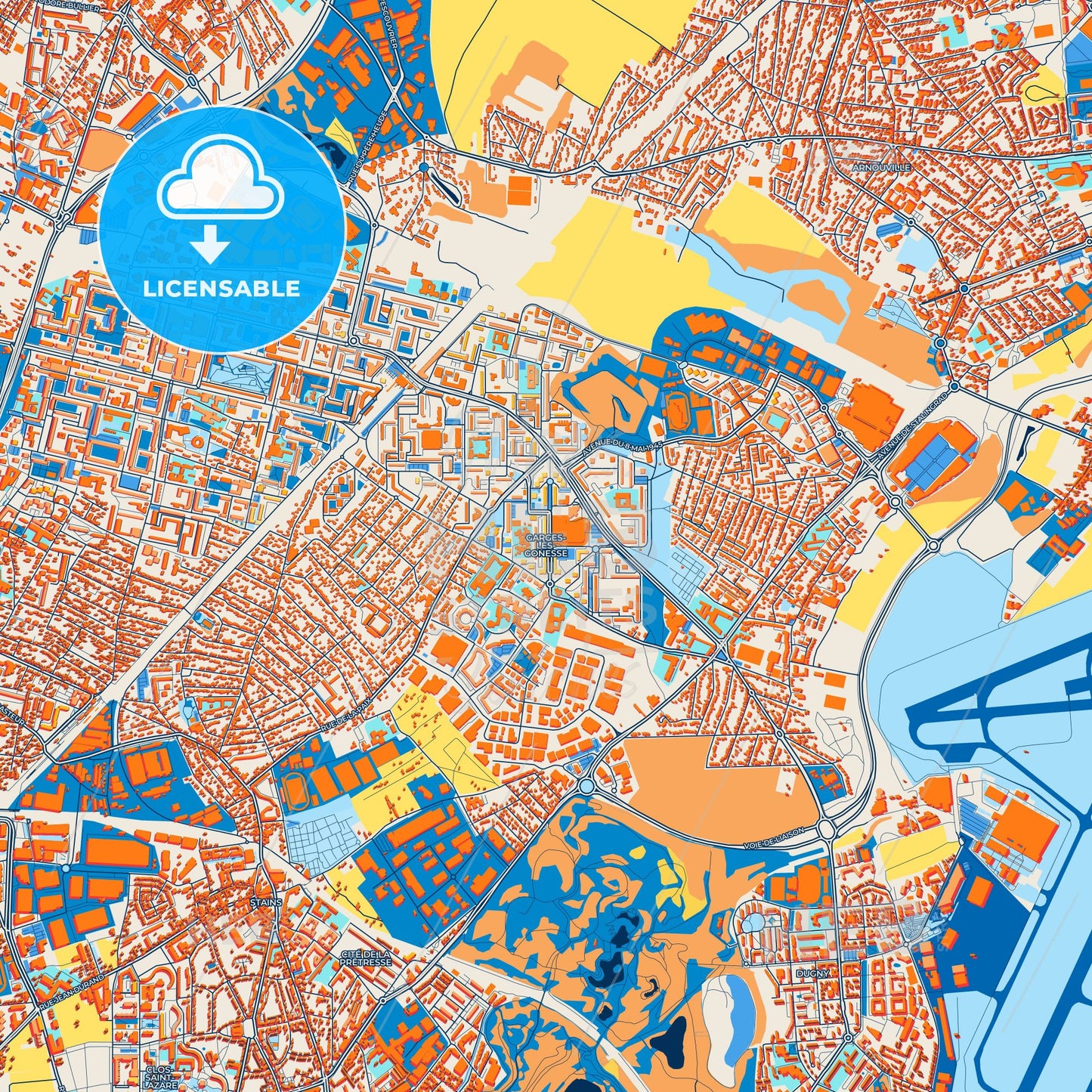 Colorful Garges-lès-Gonesse Street Map with Labels and Buildings