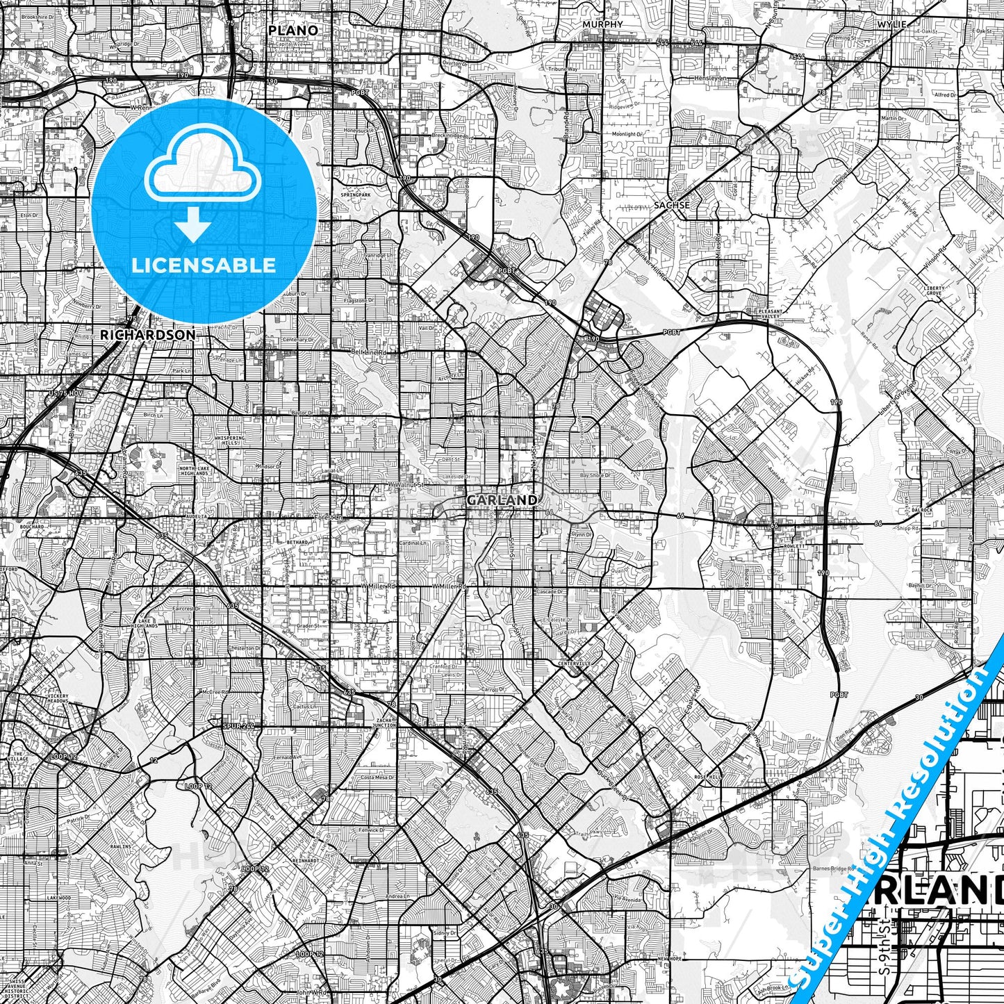 Garland, Texas light map with streetnames, citynames and districts